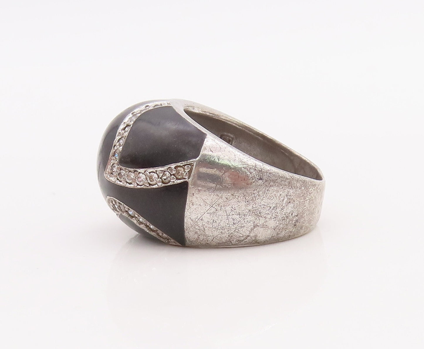925 Sterling Silver Vintage Ring Large Onyx With Topaz Band Design  Sz 8 RG28879
