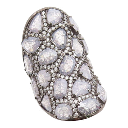 925 Sterling Silver Vintage Ring Drusy Quartz & CZ Shield Band  Sz 7  RG35468
