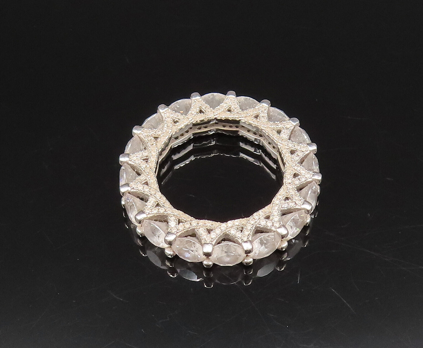 925 Silver  Vintage Star Detail & Cubic Zirconia Eternity Ring Sz 7.5  RG26097