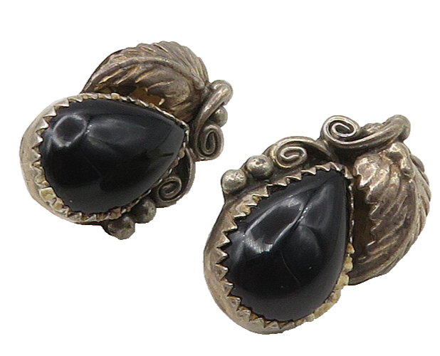 NAVAJO 925 Silver  Vintage Black Onyx Floral Leaf Drop Earrings  EG10682