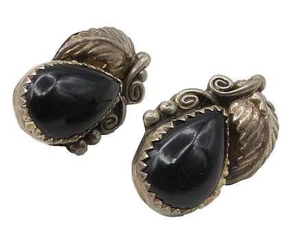 NAVAJO 925 Silver  Vintage Black Onyx Floral Leaf Drop Earrings  EG10682