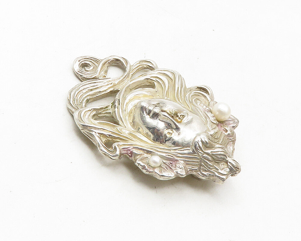 925 Sterling Silver  Vintage Modernist Pearls Woman's Face Pendant  PT7497