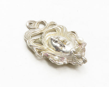 925 Sterling Silver  Vintage Modernist Pearls Woman's Face Pendant  PT7497