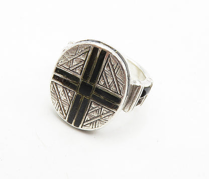 PB 925 Sterling Silver Vintage Black Onyx Cross Etched Band Ring Sz 8 RG8893