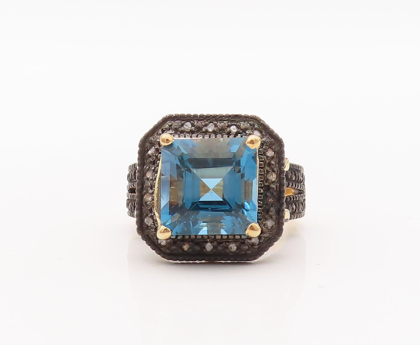 925 Sterling Silver Vintage Ring Gold Plated Diamonds & Blue Topaz Sz 6  RG29918
