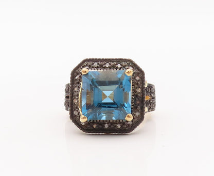 925 Sterling Silver Vintage Ring Gold Plated Diamonds & Blue Topaz Sz 6  RG29918