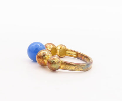 925 Sterling Silver Vintage Ring Gold Plated Bead Carved Blue Gem  Sz 7  RG29725
