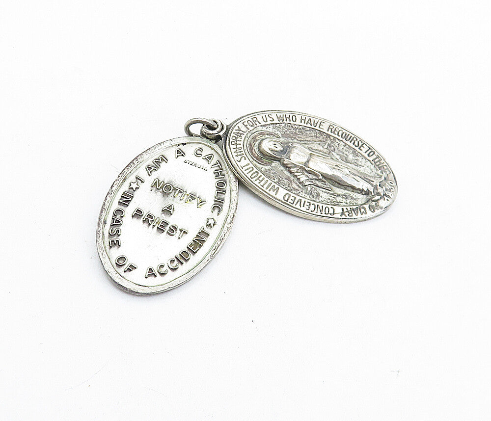 925 Sterling Silver  Vintage Antique Virgin Mary Prayer Pendant  PT4403