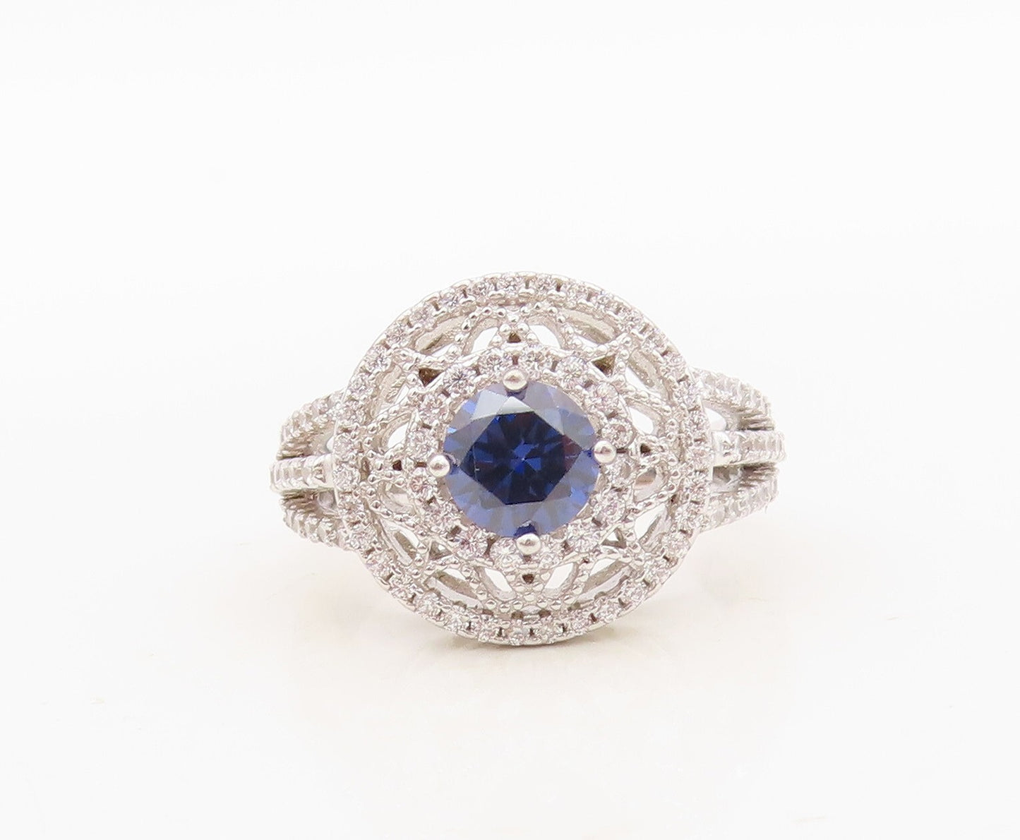925 Sterling Silver Vintage Ring Floral Design Cutout 2 Tone CZ  Sz 7.5  RG30328
