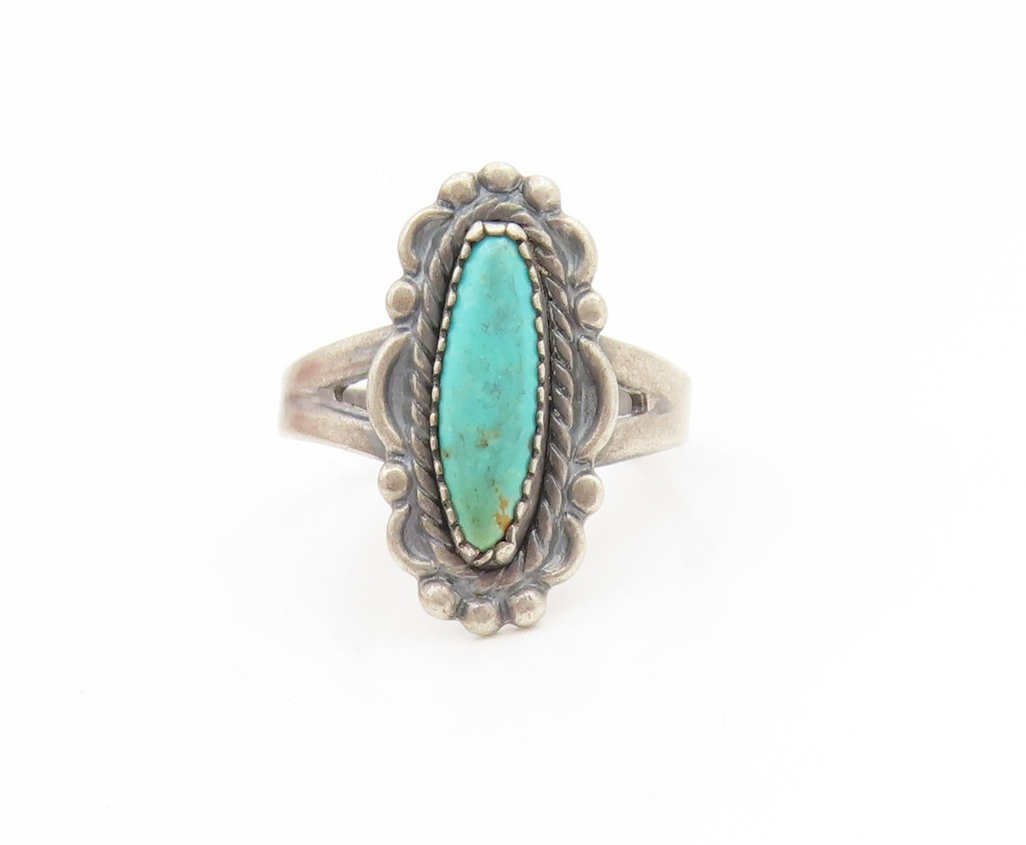 925 Sterling Silver Vintage Ring POST BELL Oval Turquoise Band  Sz 6.5  RG35122