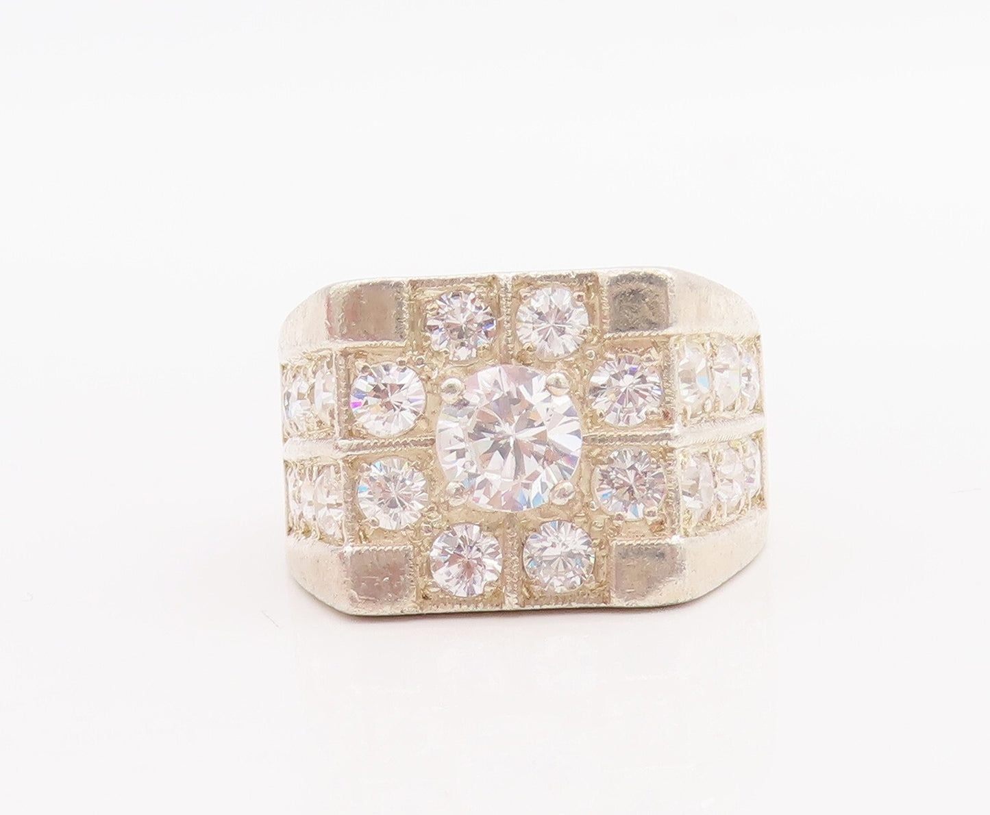 925 Sterling Silver Vintage Ring Large Solid Round CZ Inlay  Sz 8.5  RG28876