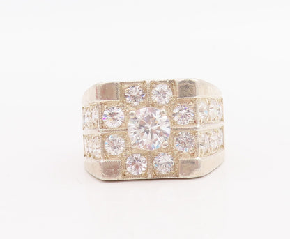 925 Sterling Silver Vintage Ring Large Solid Round CZ Inlay  Sz 8.5  RG28876