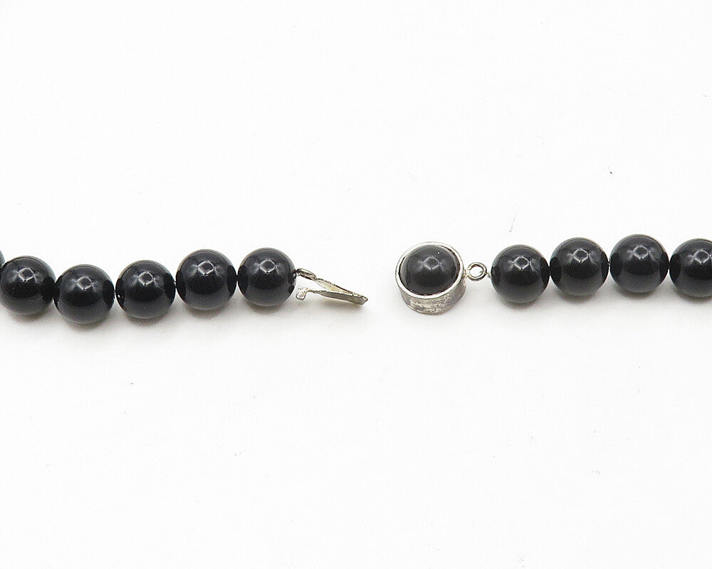 925 Sterling Silver  Vintage Black Onyx Beaded Pattern Chain Necklace  NE2912
