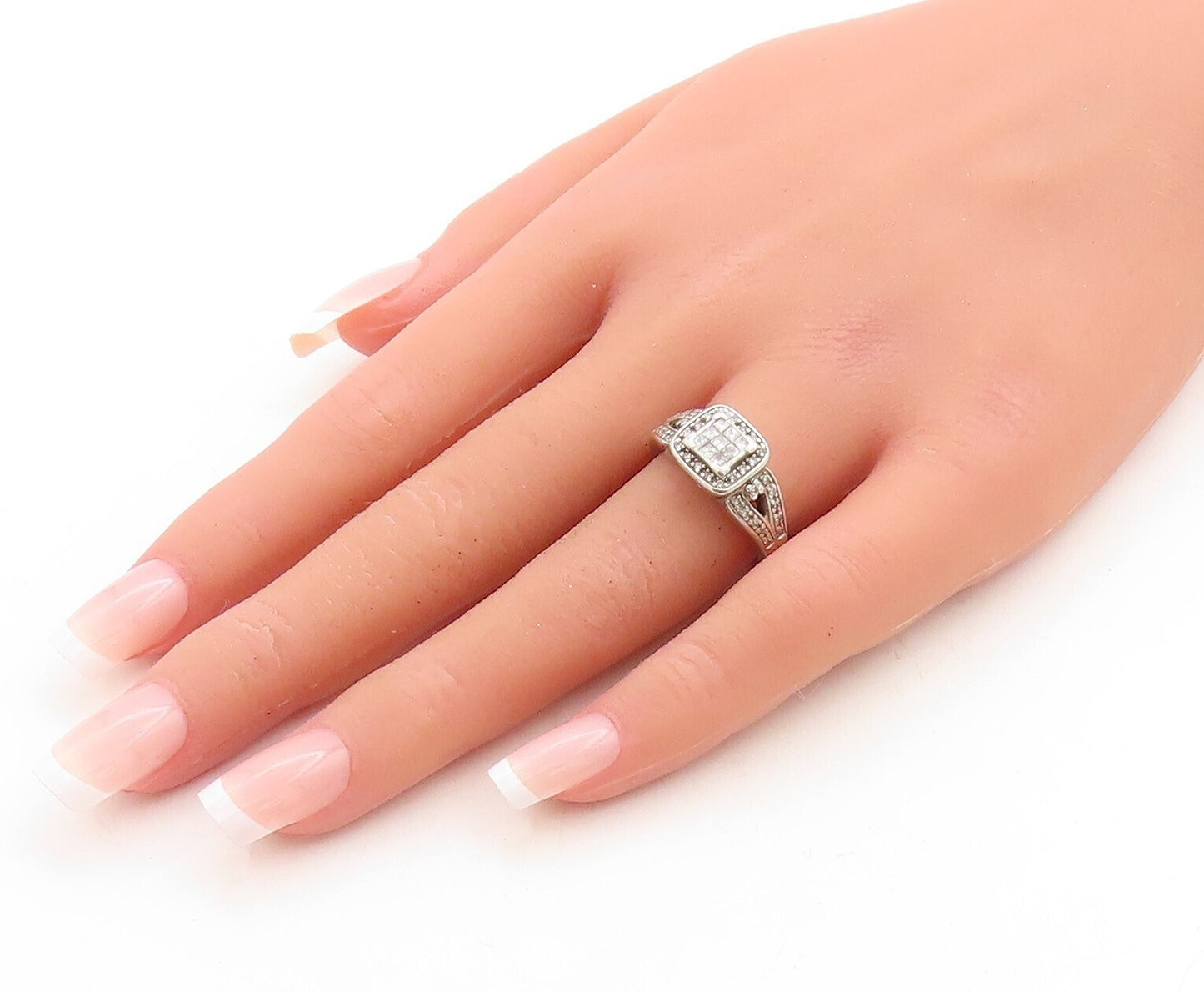 925 Sterling Silver Vintage Ring 1/4 Ct Diamonds Square Inlay Sz 7 RG31191