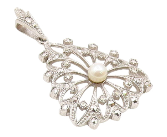 925 Silver  Vintage Cultured Pearl & Marcasite Tree Dome Pendant  PT20782