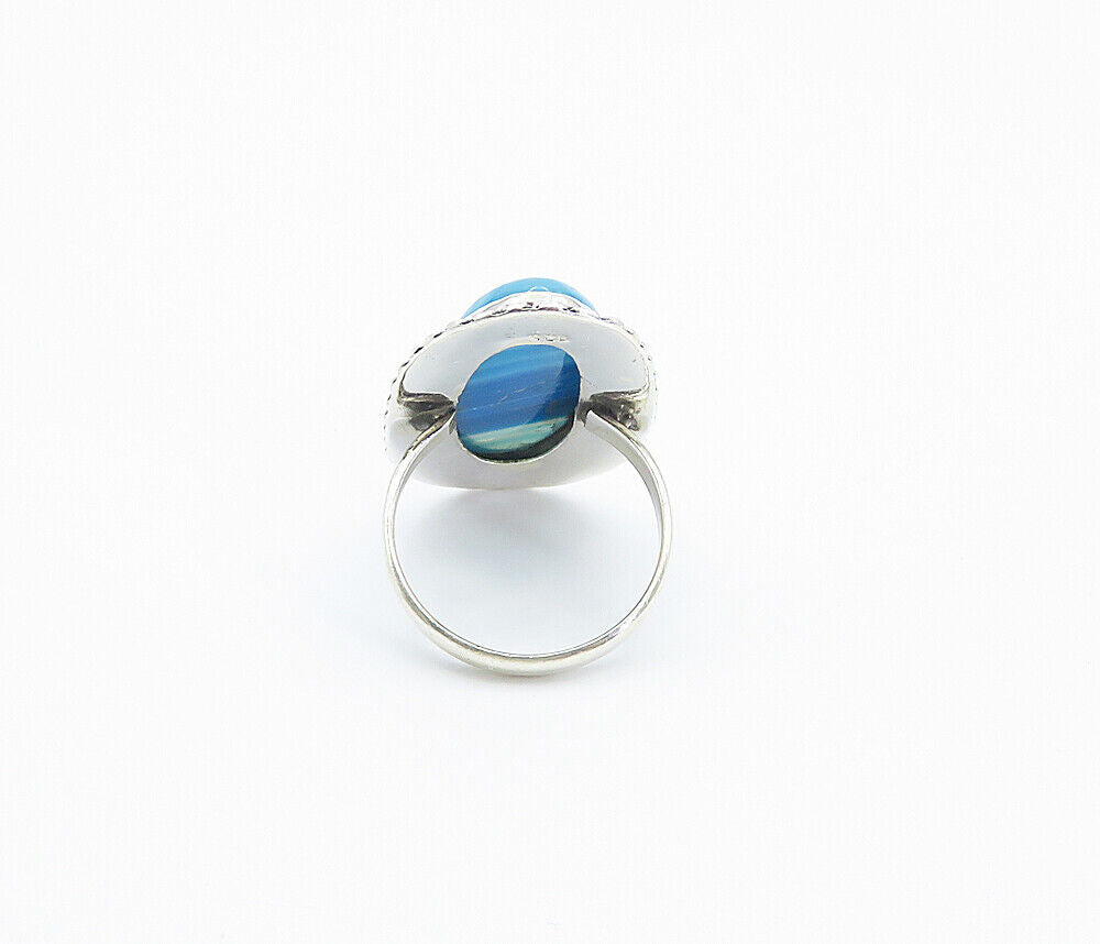 925 Sterling Silver  Blue Agate Shiny Circle Border Cocktail Ring Sz 10 RG8428