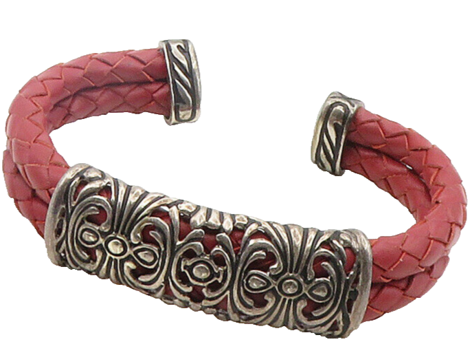 ESPO 925 Silver  Vintage Swirl Detail Red Leather Woven Cuff Bracelet  BT6501
