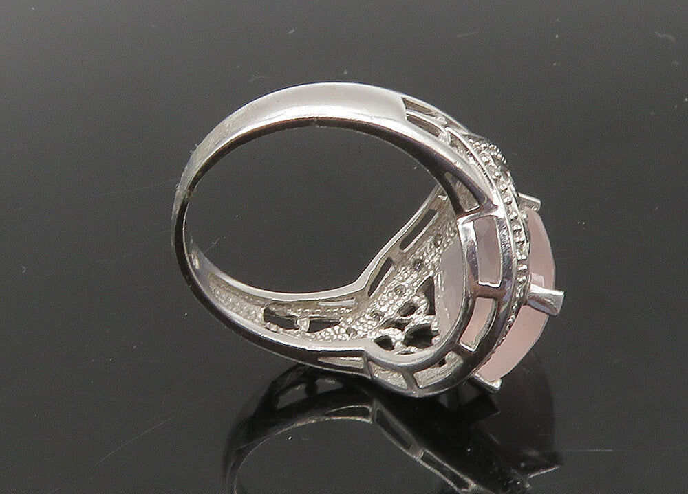 925 Silver  Vintage Rose Quartz & Diamonds Cocktail Ring Sz 7.5  RG23091