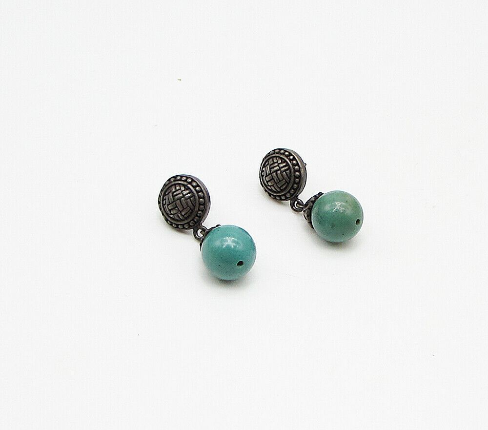 925 Silver  Vintage Beaded Turquoise Dark Tone Stud Drop Earrings  EG1942