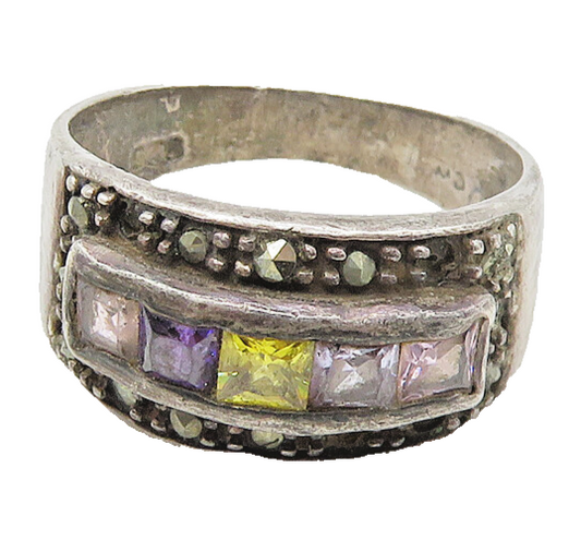 925 Sterling Silver Vintage Multi Color Topaz & Marcasite Band Ring Sz 7 RG17966