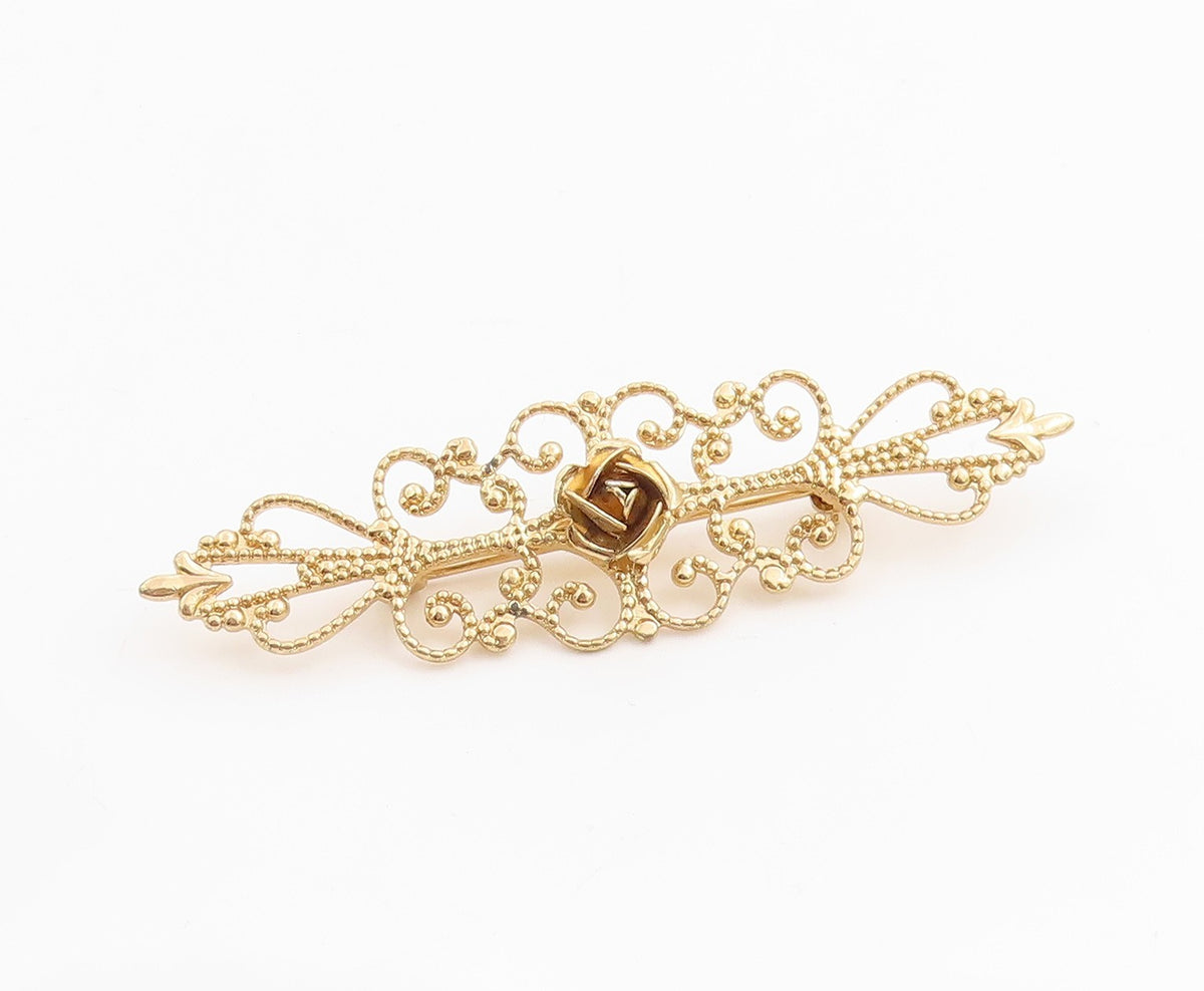 925 Sterling Silver Vintage Brooch BEAU Gold Plated Rose Filigree Pin   BP11973
