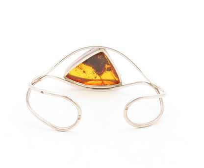 925 Sterling Silver Vintage Bracelet Designer Cutout Honey Amber Cuff  BT10943