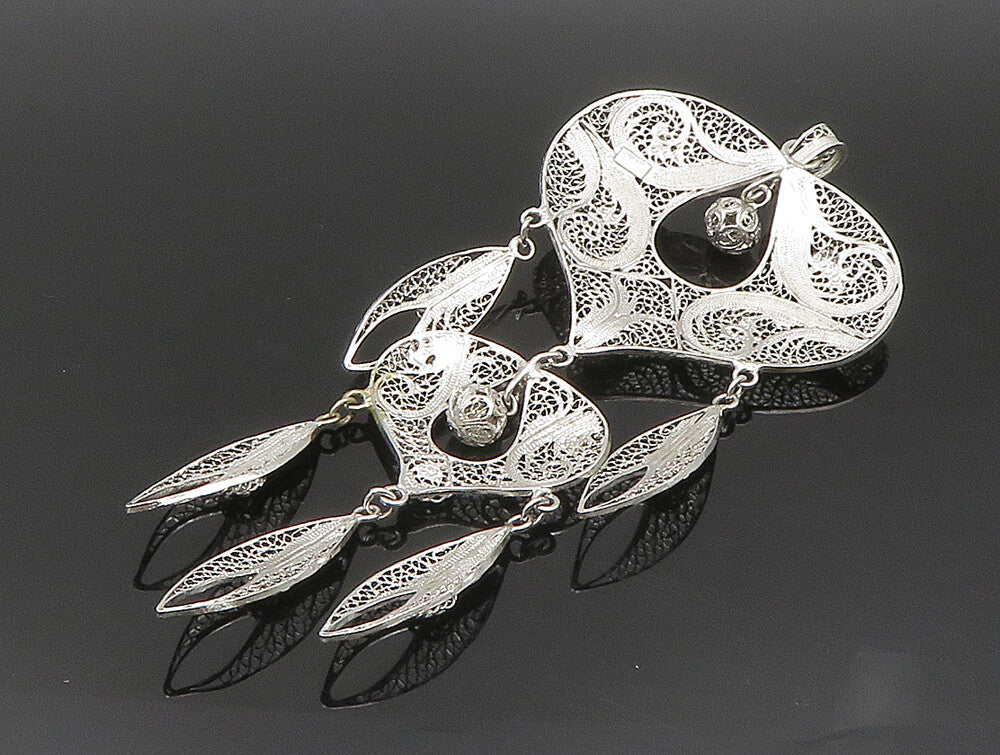 VAN LOU 925 Silver  Vintage Heart & Sphere Filigree Dangle Pendant  PT20121