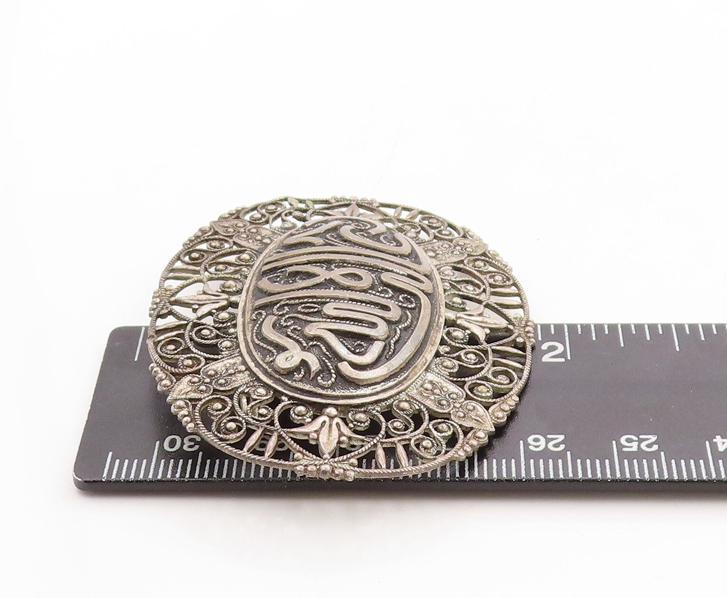 925 Sterling Silver Vintage Brooch Pin Dark Tone Swirly Carved Allah   BP11346