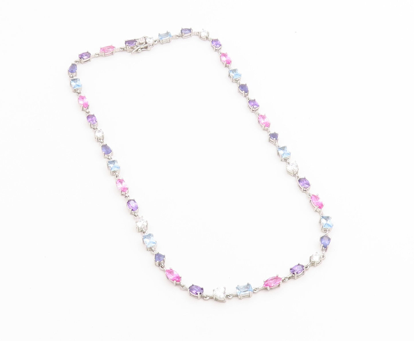 925 Sterling Silver Vintage Necklace Multi Gemstone Tennis Link Chain  NE4899