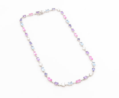 925 Sterling Silver Vintage Necklace Multi Gemstone Tennis Link Chain  NE4899
