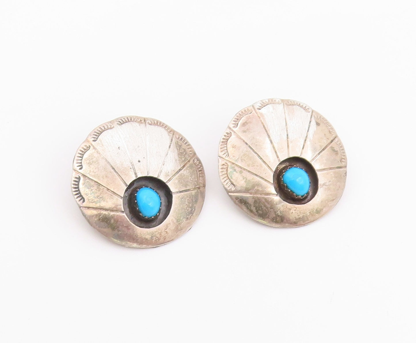 925 Sterling Silver Vintage Earrings NAVAJO Turquoise Concho Clip On  EG14433