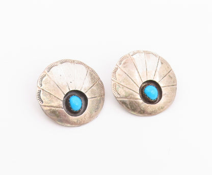 925 Sterling Silver Vintage Earrings NAVAJO Turquoise Concho Clip On  EG14433