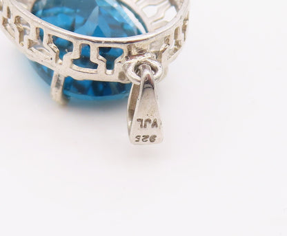 925 Sterling Silver Vintage Pendant Modernist Oval Cut Blue Topaz Charm  PT26336