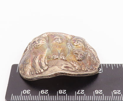 925 Sterling Silver Vintage Brooch Pin Solid Carved Lion Family  BP11037