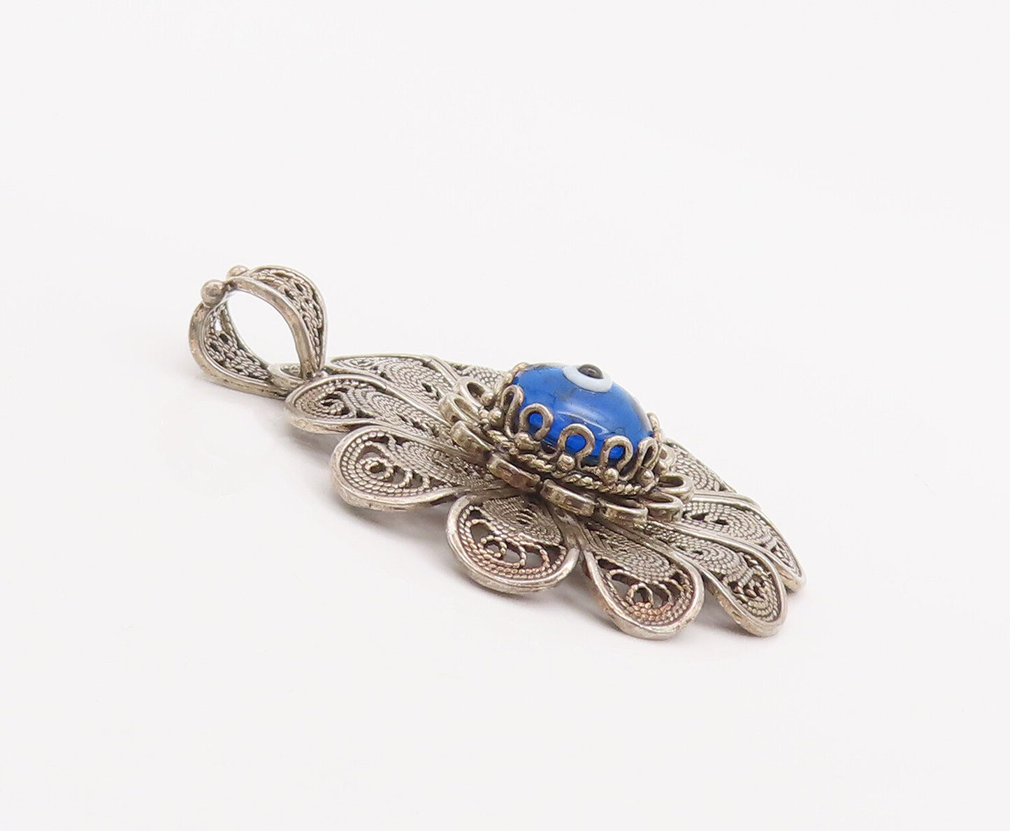 925 Sterling Silver Vintage Pendant Swirly Filigree Work Evil Eye Flower PT22707