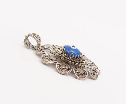 925 Sterling Silver Vintage Pendant Swirly Filigree Work Evil Eye Flower PT22707