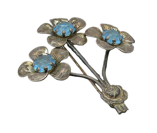 925 Sterling Silver  Vintage Blue Topaz Flower Bunch Motif Brooch Pin  BP8227
