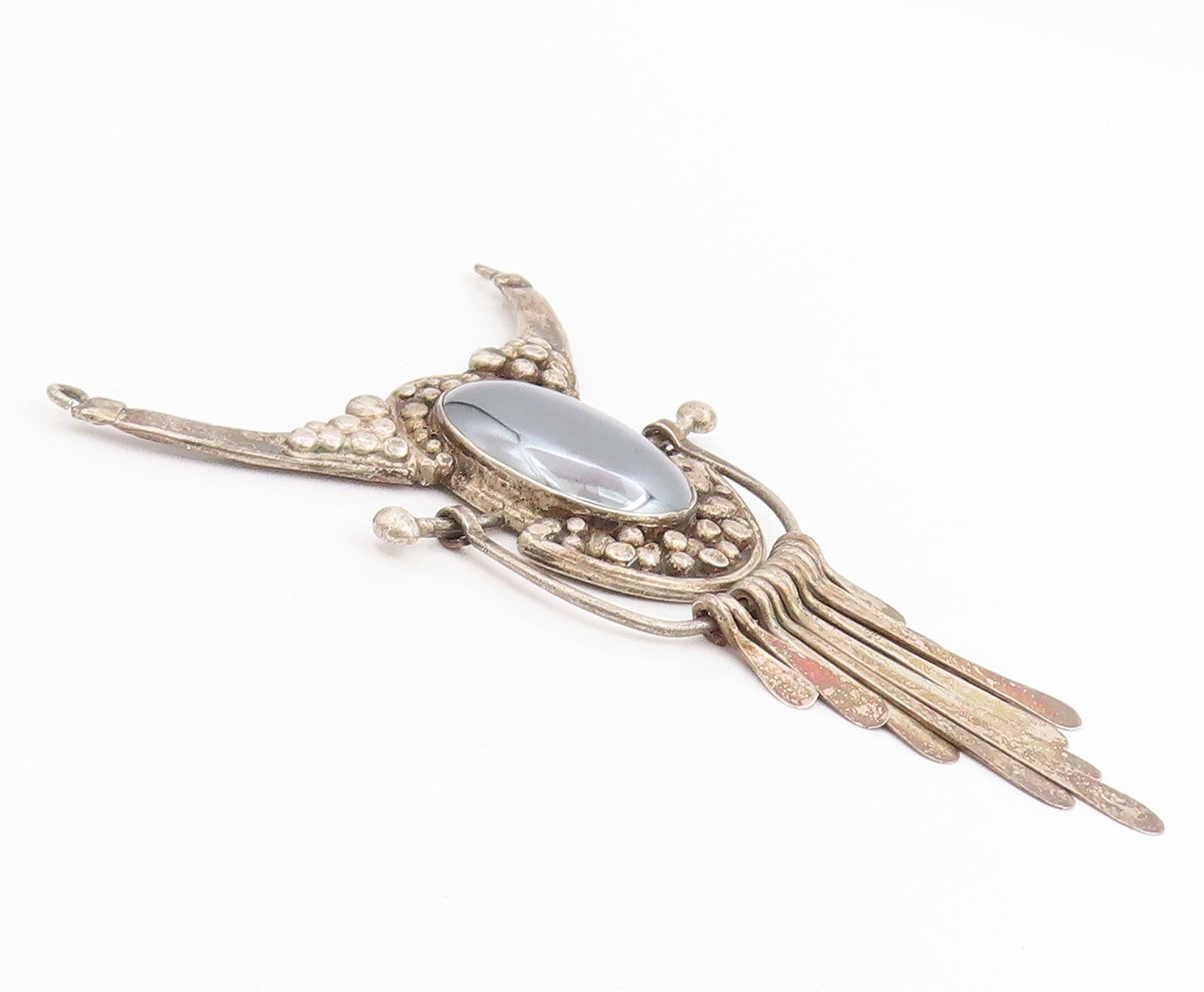 925 Sterling Silver Vintage Pendant Oval Hematite Bohemian Feather Drop  PT25171