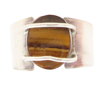 925 Sterling Silver Vintage Ring Designer Oval Tigers Eye  Sz 9.5  RG31230