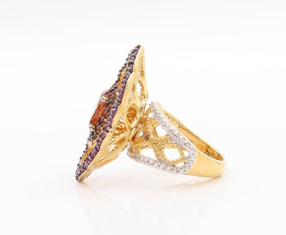 925 Sterling Silver Vintage Ring Gold Plated Designer Citrine & CZ  Sz 5 RG32321