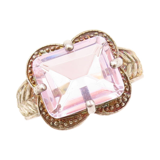 925 Sterling Silver Vintage Ring Carved Rectangle Cut Pink CZ  Sz 7  RG31835