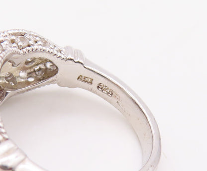 925 Sterling Silver Vintage Ring Round Cut Gemstone Flora Carved CZ Sz 7 RG30829