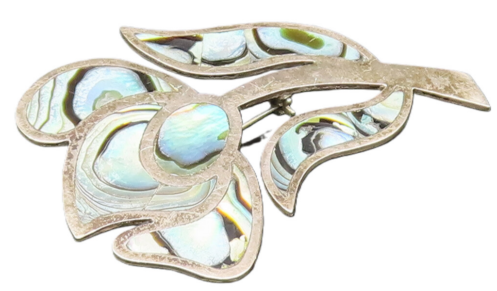 TAXCO 925 Sterling Silver  Vintage Inlaid Abalone Flower Brooch Pin  BP9679