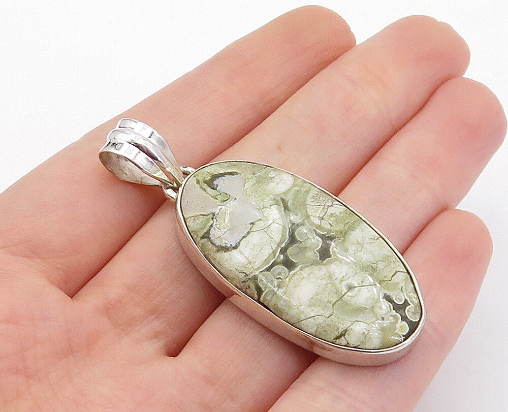 925 Sterling Silver  Vintage Spotted Jasper Shiny Oval Drop Pendant  PT3078