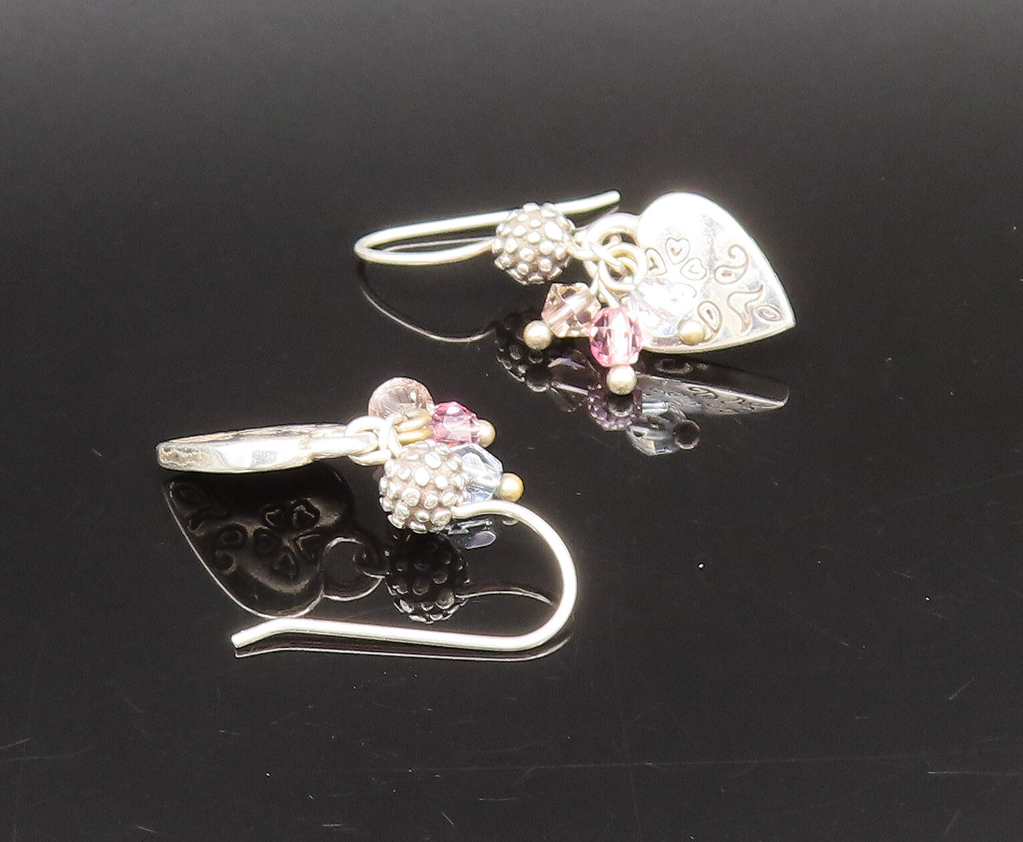 925 Silver  Vintage Engraved Love Heart & Quartz Dangle Earrings  EG12283