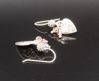 925 Silver  Vintage Engraved Love Heart & Quartz Dangle Earrings  EG12283
