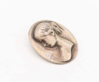 925 Sterling Silver  Vintage Antique Carved Girl Solid Oval Brooch Pin BP10442