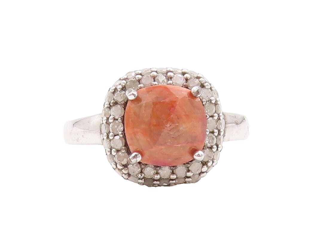 925 Sterling Silver Vintage Ring Square Gemstone & Diamonds  Sz 8 RG29489