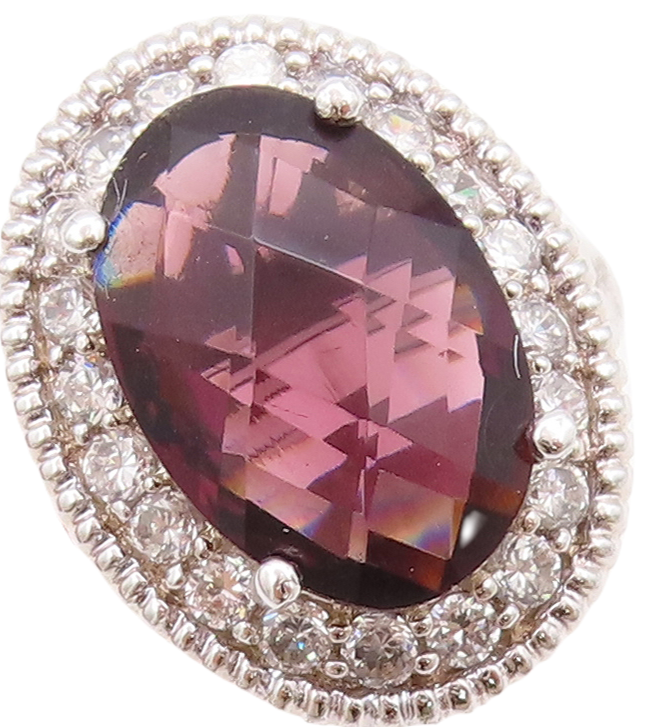 925 Sterling Silver Vintage Ring Oval Cut Amethyst Halo Topaz  Sz 7.5  RG29480