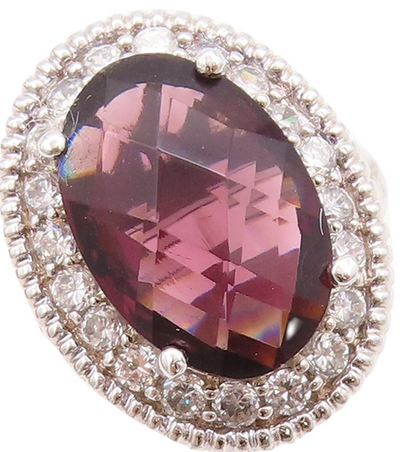 925 Sterling Silver Vintage Ring Oval Cut Amethyst Halo Topaz  Sz 7.5  RG29480